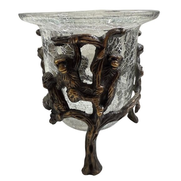 Bronze Monkeys In Tree With Crackle Glass Candle Holder Exotic Wildlife Decor - Picture 1 of 11